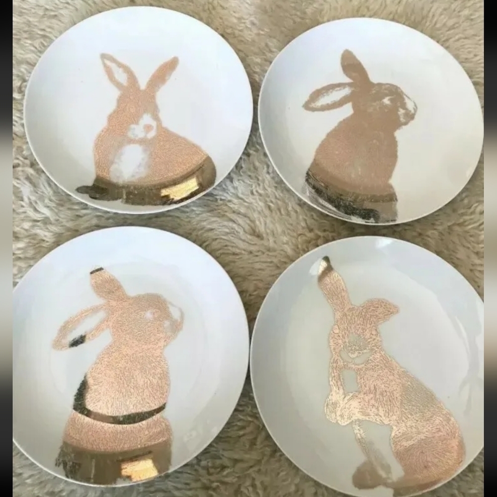 4 New PIER 1 Metallic Gold Easter Bunny Rabbit Salad Appetizer Dessert Plates